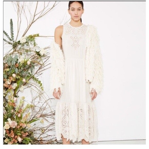 Ulla Johnson Silk Dress Women 2 Beige Eyelet Lace Midi Romantic Feminine Fairy - Picture 8 of 15